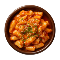 ai gerado uma tigela do coreano comida, tteokbokki isolado em uma transparente fundo, topo Visão png