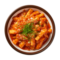 ai generato un' ciotola di coreano cibo, tteokbokki isolato su un' trasparente sfondo, superiore Visualizza png