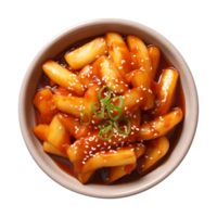 ai generiert ein Schüssel von Koreanisch Essen, tteokbokki isoliert auf ein transparent Hintergrund, oben Aussicht png