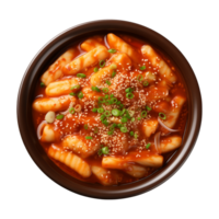 ai generado un cuenco de coreano alimento, tteokbokki aislado en un transparente fondo, parte superior ver png