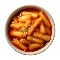 ai generado un cuenco de coreano alimento, tteokbokki aislado en un transparente fondo, parte superior ver png