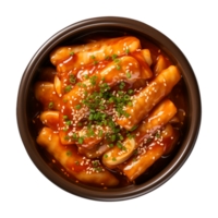 ai generato un' ciotola di coreano cibo, tteokbokki isolato su un' trasparente sfondo, superiore Visualizza png