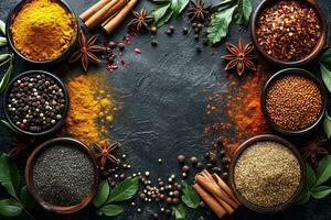 AI generated Vibrant Array of Exotic Spices and Herbs Artfully Displayed on a Dark Slate Background Created With Generative AI Technology photo