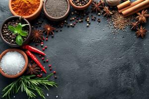 AI generated Vibrant Array of Exotic Spices and Herbs Artfully Displayed on a Dark Slate Background Created With Generative AI Technology photo