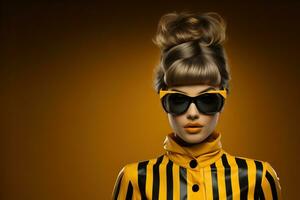 AI generated Photograph of a powerful young lady wearing yellow jacket on yellow background. photo