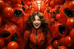 AI generated Smiling girl in red jacket on red background. photo