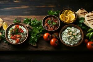 AI generated Group of Traditional Greek Food Bowls on a Wooden Board Created With Generative AI photo