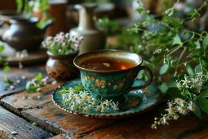 AI generated Refreshing Cup of Moringa Herbal Tea with Beautiful Flowers Created With Generative AI Technology photo