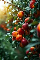 AI generated Sun Kissed Nectarines Dangling Amidst Lush Leaves in a Verdant Orchard at Dawn's Early Light Created With Generative AI Technology photo