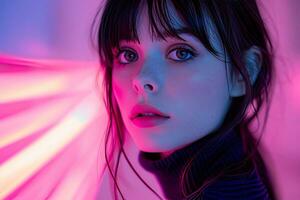 AI generated Enchanting Young Woman Captured in a Dreamy Portrait Amidst Vivid Bokeh Lights at Twilight Created With Generative AI Technology photo