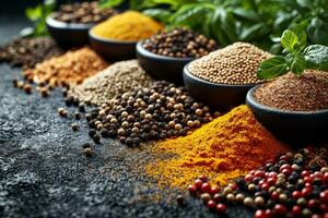 AI generated Vibrant Array of Exotic Spices and Herbs Artfully Displayed on a Dark Slate Background Created With Generative AI Technology photo