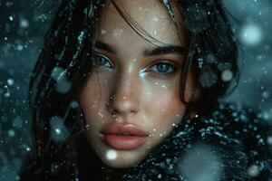 AI generated Enigmatic Beauty Glimmers Amidst a Wintry Snowfall at Twilight, Revealing a Mesmerizing Gaze Created With Generative AI Technology photo