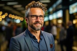 ai generado un hermoso hombre en lentes y un elegante traje con un barba. foto