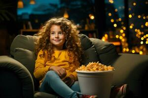 ai generado un pequeño niña sentado en un silla con un Cubeta de palomitas de maiz acecho un película. foto