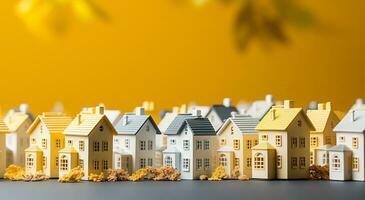 ai generado juguete ciudad. miniatura modelos de realista casas, borroso antecedentes. foto
