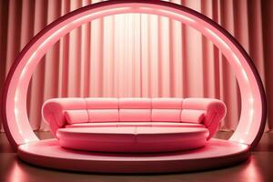 AI generated Pink catwalk, pedestal with arch and sofa. photo
