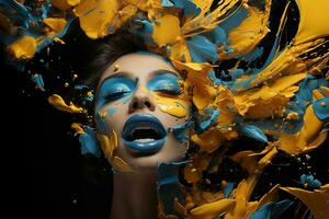 AI generated A girl with blue lips and yellow-blue paint splatters. photo