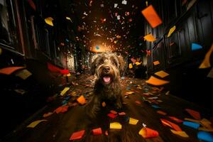AI generated The muzzle of a joyful dog indoors. photo