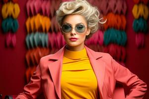 ai generado mujer en rosado chaqueta y Gafas de sol en rojo antecedentes. retro retrato de un mujer vistiendo Gafas de sol. foto