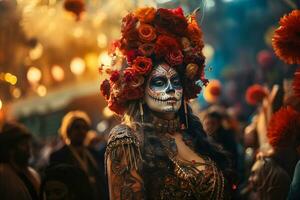 AI generated Close-up of a young woman with makeup at the Day of the Dead celebration. photo