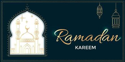 Ramadan Kareem banner template. Golden mosque and lanterns. Vector Illustration for Muslim holy month Ramadan Mubarak, Raya Hari, Eid al Adha and Mawlid. Eid mubarak