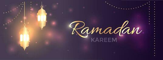 modern Islamic holiday banner, suitable for Ramadan, Raya Hari, Eid al Adha and Mawlid. A lit up golden lanterns on serene evening purple background with lights and decoration from beads. vector