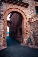 The exterior of an old farm concept photo. An arch through which you can see the backyard an old stone building. photo