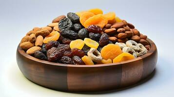 AI generated dried fruits and dates in a wooden bowl photo