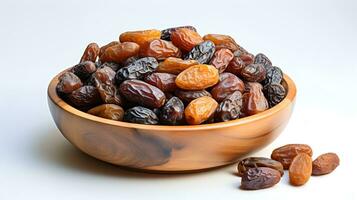 AI generated dried fruits and dates in a wooden bowl photo