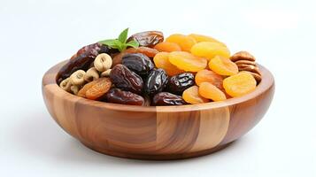 AI generated dried fruits and dates in a wooden bowl photo