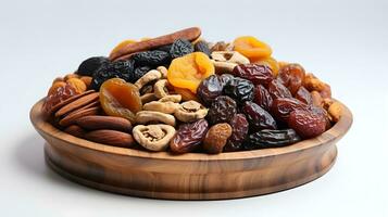 AI generated dried fruits and dates in a wooden bowl photo