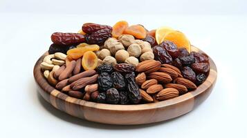 AI generated dried fruits and dates in a wooden bowl photo