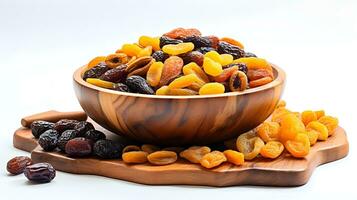 AI generated dried fruits and dates in a wooden bowl photo