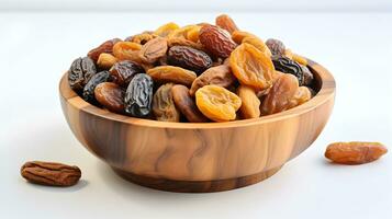 AI generated dried fruits and dates in a wooden bowl photo