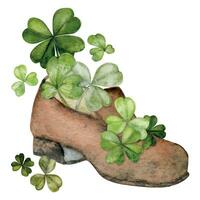 Watercolor hand drawn illustration, Saint Patrick holiday. Leprechaun boots shoes, green lucky clover shamrock. Ireland tradition. Isolated on white background. For invitations, print, website, cards. vector