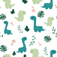 Illustration of a pattern of cute dinosaurs and plant leaves on a transparent background. Can be used to print on fabric, paper, clothing png