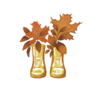 Illustration of a beautiful autumn composition of rubber boots and twigs with colorful bright autumn leaves on a transparent background png