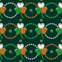Geometric St Patricks day pattern with bead string, jewelry trefoil shamrock. Horizontal stripes with circles, clovers. National Irish colors. Vintage illustration on dark green background vector