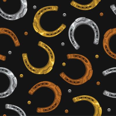 Seamless pattern with golden, silver, rusty horseshoes, rivets on textured white background. Vintage illustration for equestrian sport concept or lucky concept