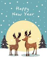 Merry Christmas and Happy New Year Illustration of deer in the forest. New Year's deer and snow vector