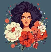 Avatar portrait of a beautiful girl. Girl in flowers. Beautiful bright red flowers. Hairstyle. Feminism. Poster card for Women's Day. Vector flat bright dark background