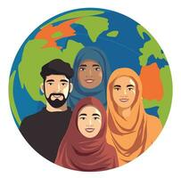 Banner, avatar, icon, people, multiracial, multicultural man and women with smiles on their faces on the background of the planet earth. Life without war. Equality and unity. independence and freedom vector