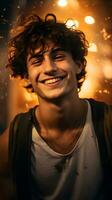 AI generated Portrait of a happy young man with curly hair smiling at camera photo