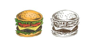 Hand-drawn colored and monochrome sketches of great delicious sandwiches, burgers, hamburgers isolated on white background. Fast food vintage illustration. Great for menu, poster or restaurant. vector