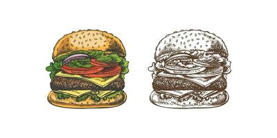 Hand-drawn colored and monochrome sketches of great delicious sandwiches, burgers, hamburgers isolated on white background. Fast food vintage illustration. Great for menu, poster or restaurant. vector