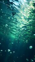 AI generated Underwater view of the water surface with bubbles and sun rays photo