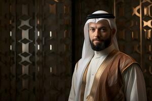 AI generated Handsome arabic man in traditional clothes posing in the room photo