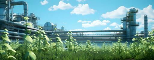 AI generated Industrial landscape with plant and blue sky. Panoramic view photo