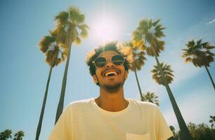 AI generated young african american man in sunglasses and tshirt on the beach photo