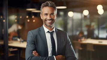 AI generated Portrait of handsome mature businessman standing with crossed arms in office photo